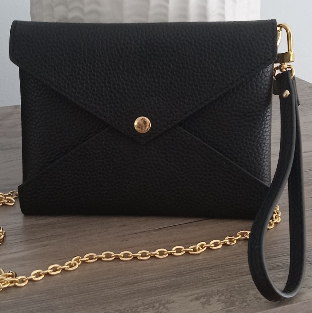 DUYP Dress Up Your Purse Elegant Black Leather Envelope Bag with Gold Chain
